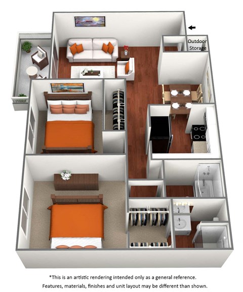 2 bedroom 1 bath floor plan A at University Village Apartments, Colorado Springs, Colorado